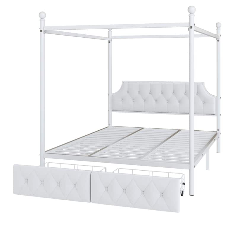 Queen Upholstered Canopy Bed Frame with 2 Drawers and Button Tufted Headboard/Metal Platform Bed Frame/Sturdy Metal Frame/White