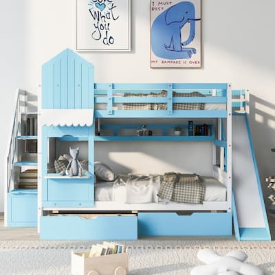 Full-Over-Full Castle Style Bunk Bed with 2 Drawers 3 Shelves and Slide for Kids Teens Adults Space-Saving, Easy Assembly