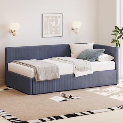 Vertical Striped Corduroy Upholstered Frame Daybed with 2 Storage Drawers, Twin Size Corner Sofa Bed Frame, L Shape Captain Bed