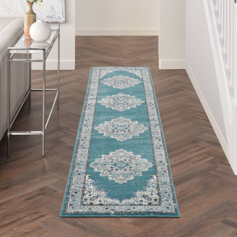 Porch & Den Dobbin Vintage Persian Medallion Farmhouse Area Rug - 2'2" x 10' - Turquoise/Grey