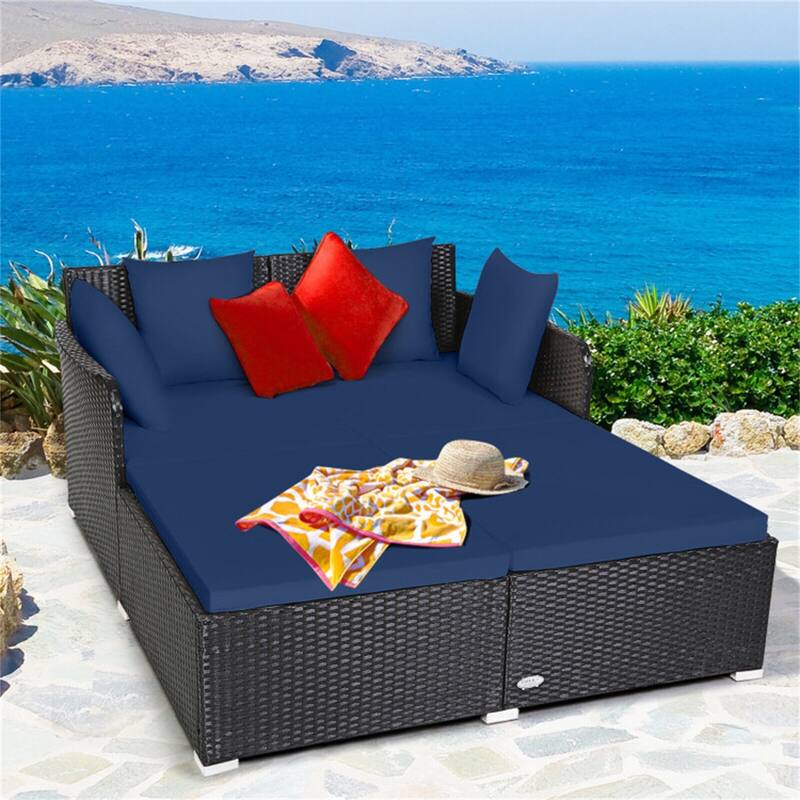 Outdoor Rattan Daybed with Cushions for Patio or Backyard - 61" x 52" x 27.5" - Navy-Blue