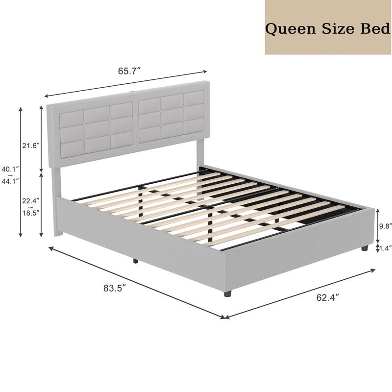 VECELO Bed Frame with USB and Type C Ports, Adjustable Tufted Button Headboard, Upholstered Platform Bed Frame