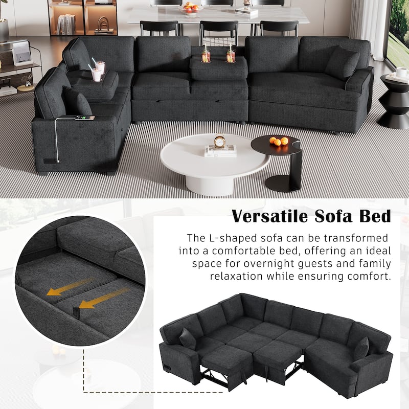 126" L-shaped Blue Black Pull-out Sectional Sofa Bed with Chargers, Cup Holders, Chenille Upholstery