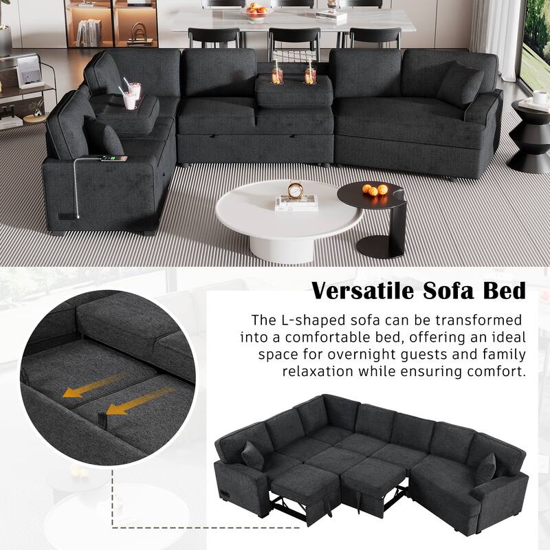Modern 126" L-Shaped Sofa with Sleeper Bed, Cup Holders, and Power Outlets