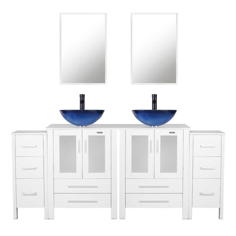 72" Bathroom Vanity Set Vessel Sink Cabinet Mirror Combo - White - blue round sink