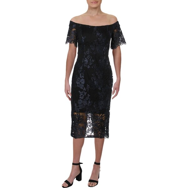 navy off the shoulder cocktail dress