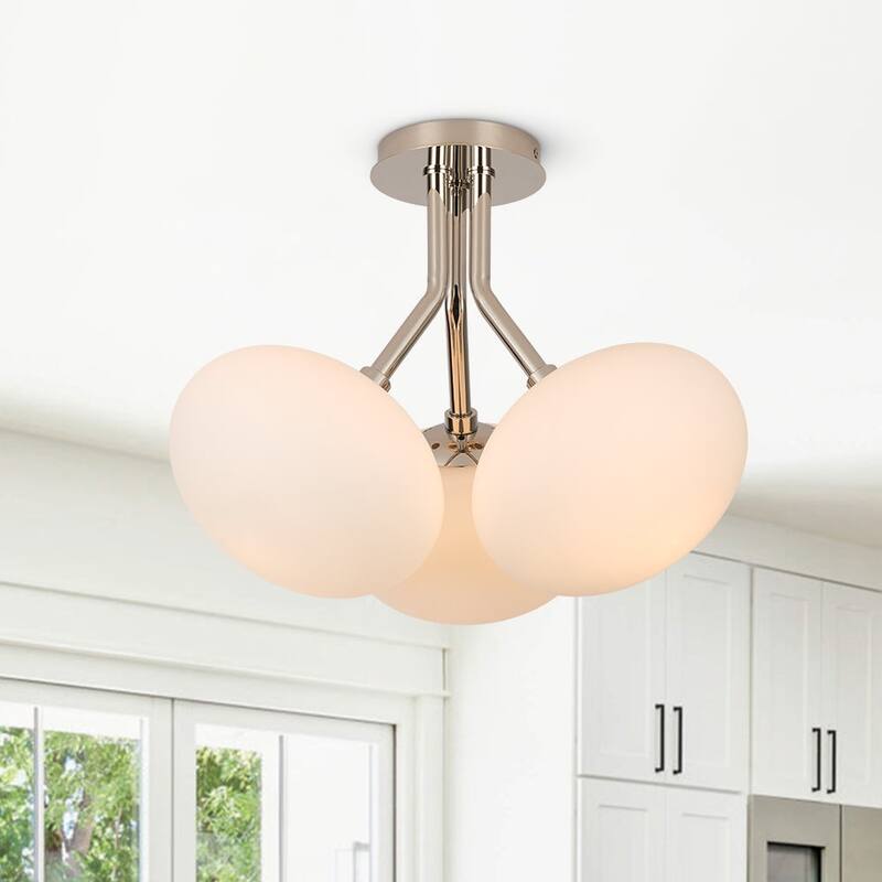 Mid-Century 3-Light Opal Glass Globe Semi Flush Ceiling Light - Nickel