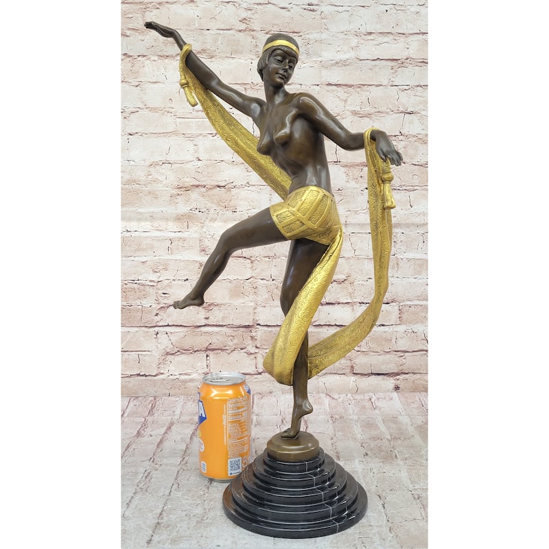 Hot Cast Bronze Art Deco Figural Sculpture Of Topless Ribbon Dancer By Rozet
