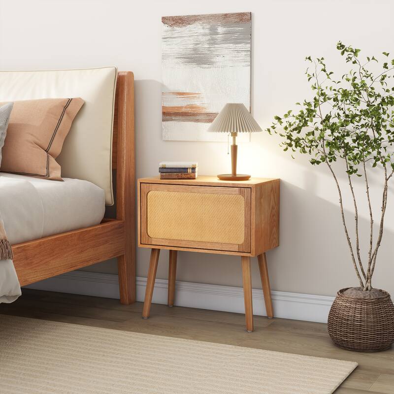 Mid-Century Modern Rotating Hidden Compartment Rattan Nightstand - Natural