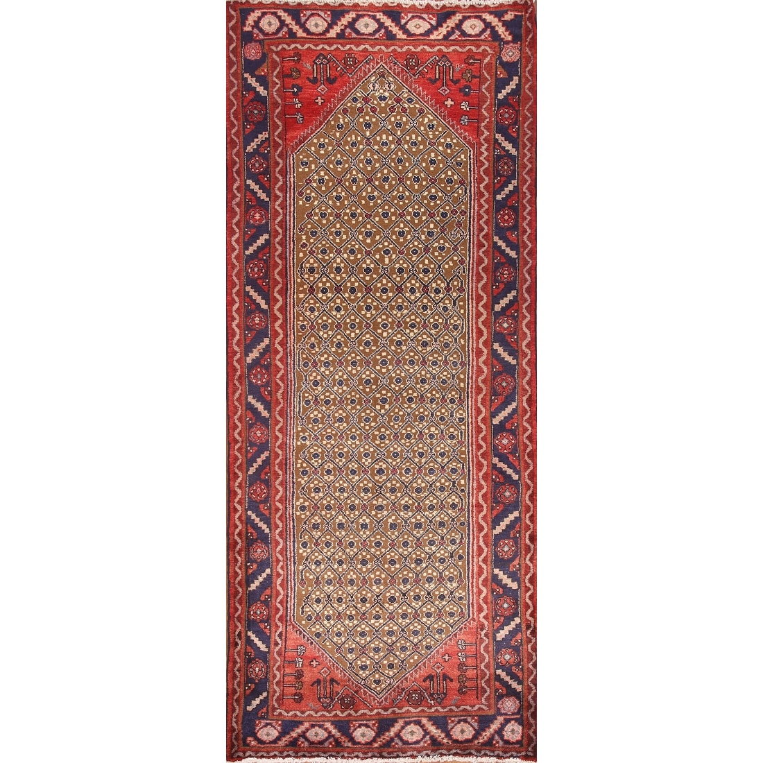 Hand Knotted Oriental 100% Wool Carpet Traditional Geometric Brown Koliaei Runner Rug - 9' 4'' X 3' 9''