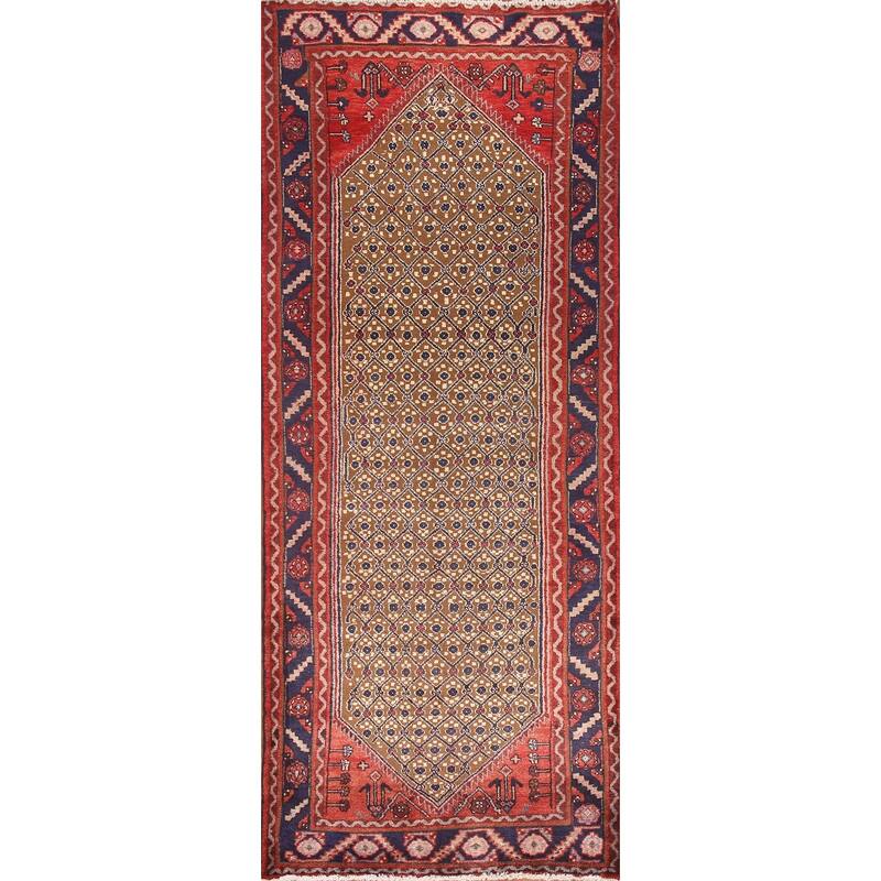 Hand Knotted Oriental 100% Wool Carpet Traditional Geometric Brown Koliaei Runner Rug - 9' 4'' X 3' 9''