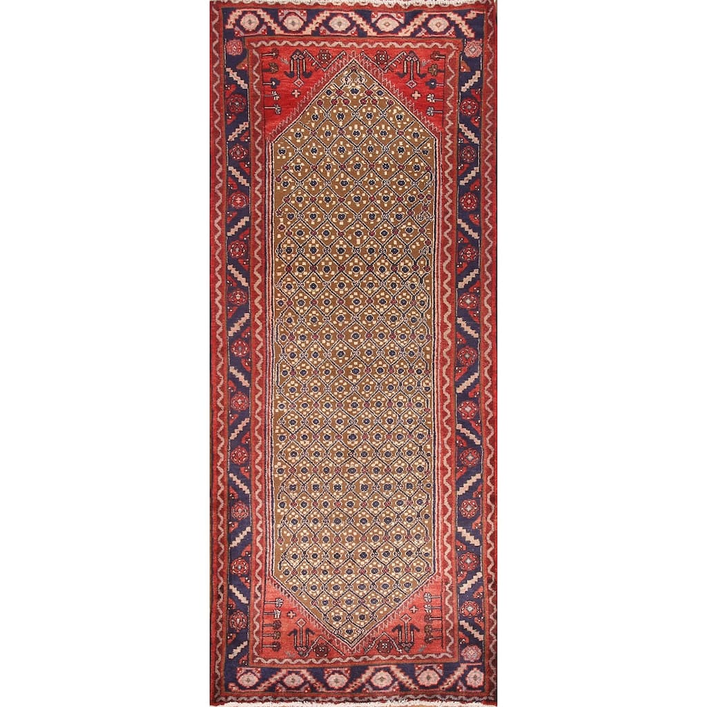 Hand Knotted Oriental 100% Wool Carpet Traditional Geometric Brown Koliaei Runner Rug - 9' 4'' X 3' 9''
