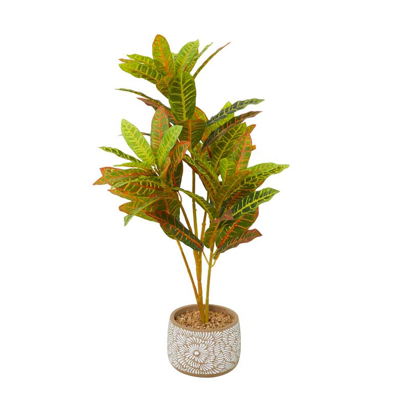 Green Faux Foliage Crotons Artificial Plant with Realistic Leaves and Floral Patterned Pot - 16"L x 18"W x 30"H
