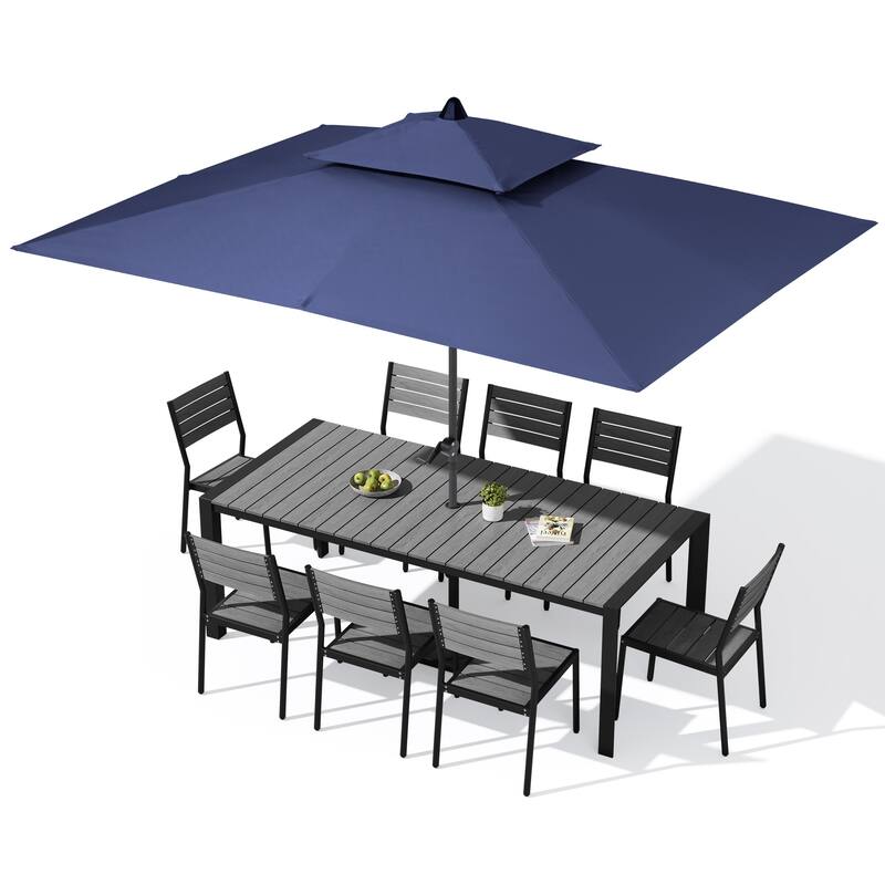 9/11-Piece Outdoor Dining Set w/10 ft Umbrella and Base Aluminum Dining Table and Stackable Chairs