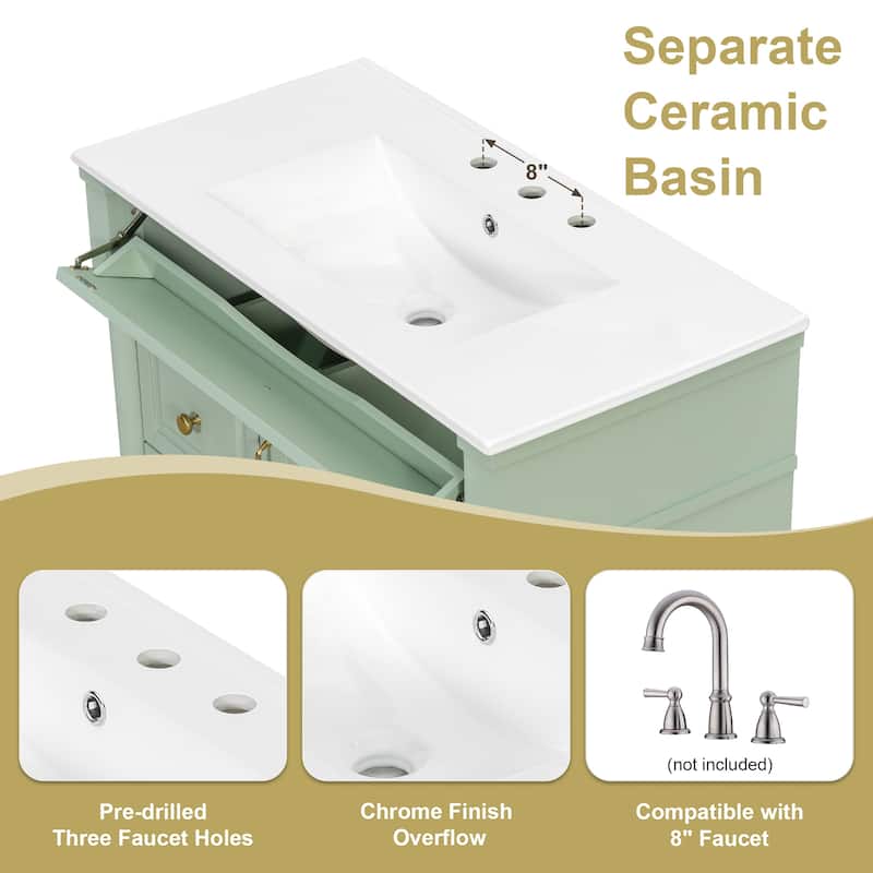 Roomfitters 36" Bathroom Vanity with Sink, Solid Wood Frame, Flip Drawer, 2 Drawers & Door Rack