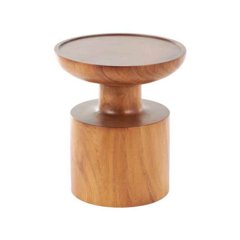 Brown Wood Handmade Side End Accent Table with Cylinder Block Base