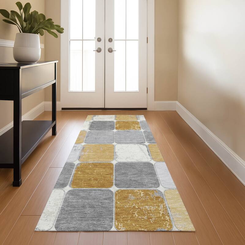 Premium Washable Super Soft Modern Blocks Mayfield Rug - Gold - 2'3" x 7'6"