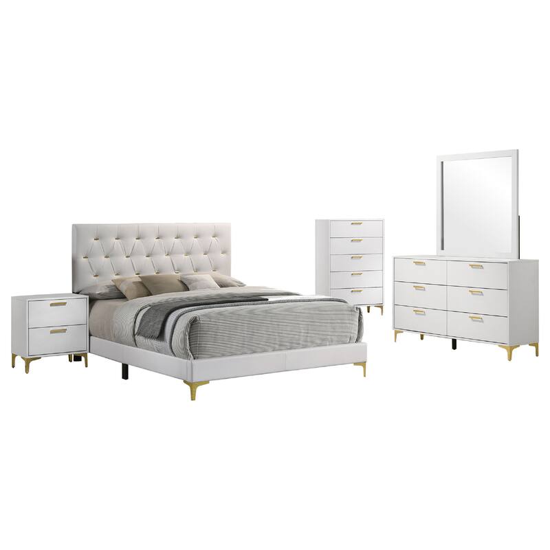 Dle 5 Piece Queen Bedroom Set, White Faux Leather, Modern Gold Accents