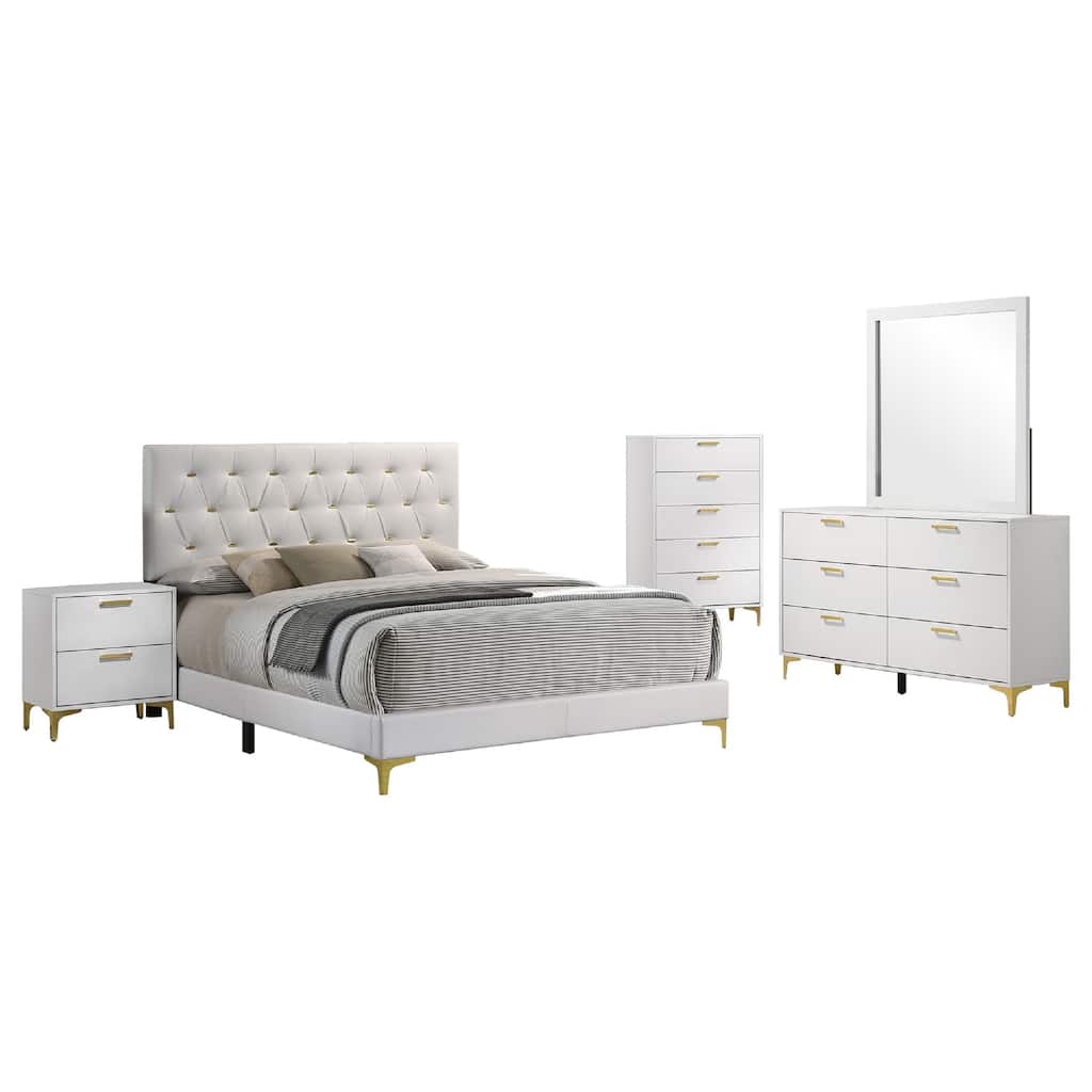 Dle 5 Piece Queen Bedroom Set, White Faux Leather, Modern Gold Accents