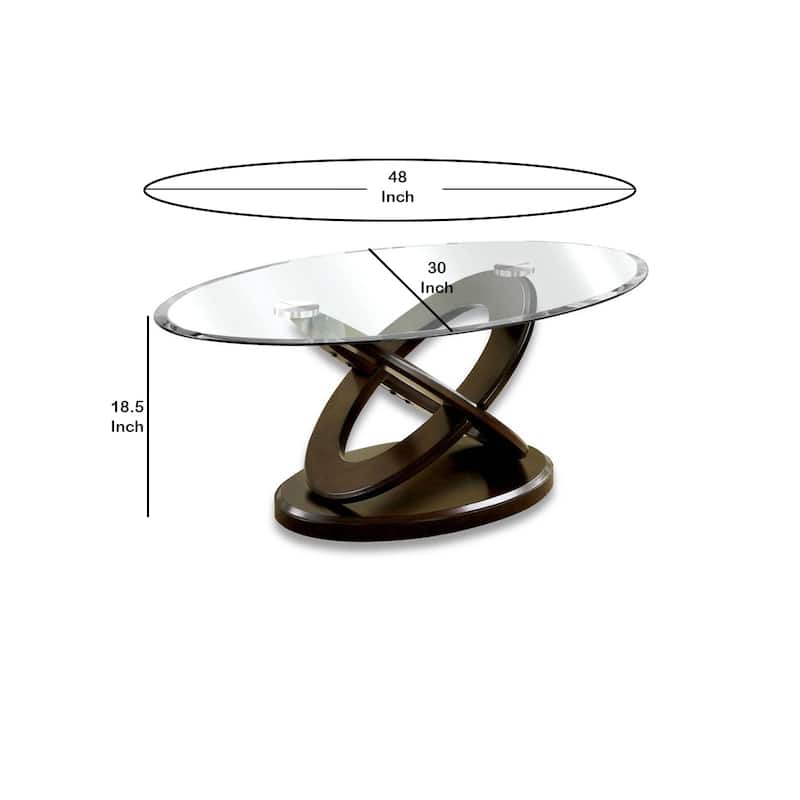 Oval Glass Top Coffee Table with Cross Oval Base, Brown and Clear