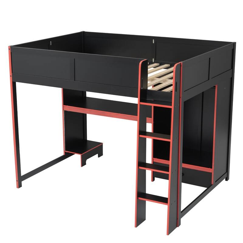 Twin/Full Size Gaming Bed with Built-in Desk & LED Light, E-Sports Style Wood Loft Bed with Open Wardrobe & Drawer