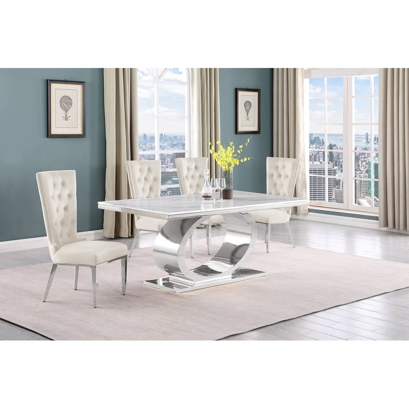 Best Quality Furniture D430/1-SC330-7 Dining Set with 68" White Marble Top - 5-Piece - Cream / Silver