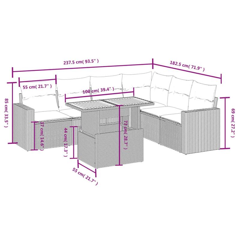 vidaXL Patio Sofa Set with Cushions Outdoor Furniture 7 Piece Poly Rattan - 24.4 x 24.4 x 27.2
