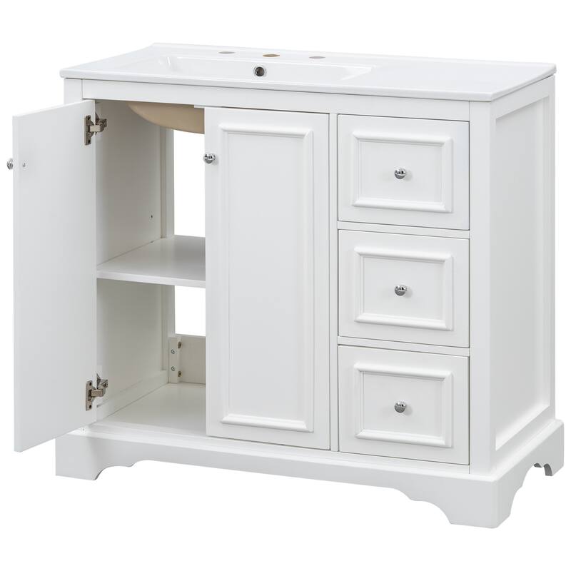 36'' Bathroom Vanity with ceramic sink Bathroom Storage Cabinet with Adjustable U-shaped shelf and 3 drawers