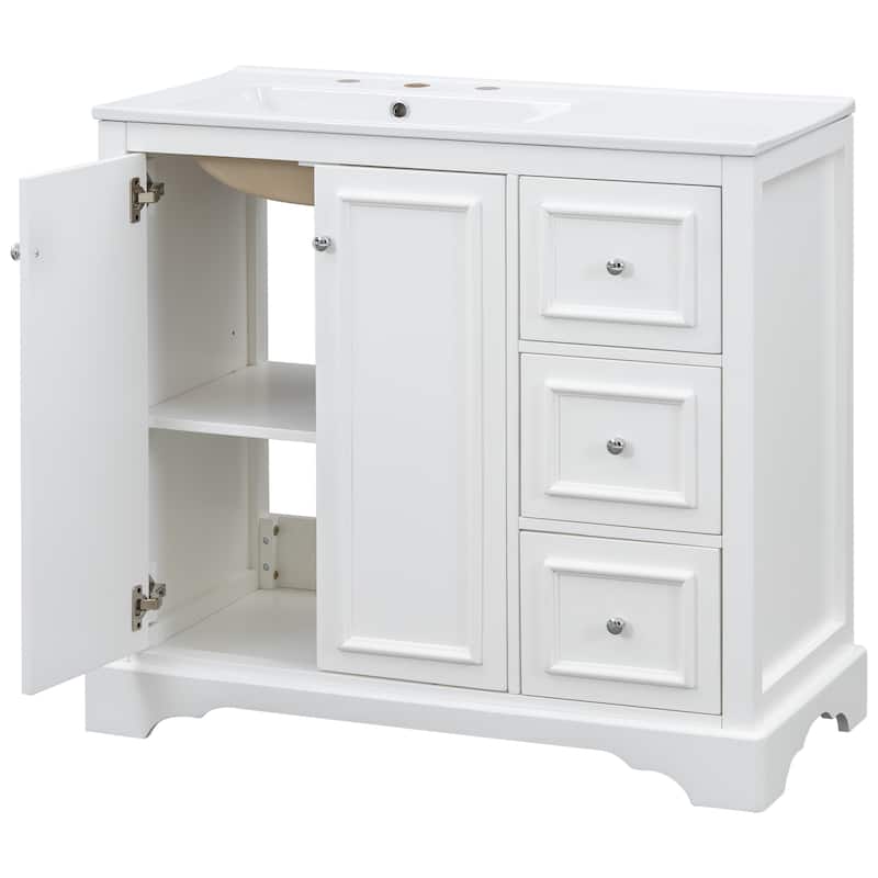 Roomfitters 36" Transitional Bathroom Vanity with Ceramic Sink, 2 Soft-Close Doors, Adjustable Shelf and 3 Drawers