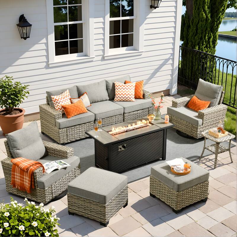 XIZZI 9-Piece Outdoor Patio Furniture Swivel Chair Set with Fire Pit - Dark Grey