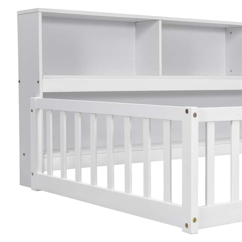 Twin Floor Bed with Bedside Bookcase,Shelves,Guardrails