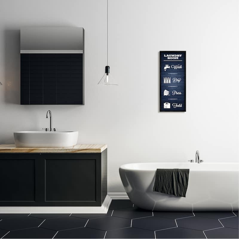 Stupell Laundry Room Rules Sign Blue Grain Pattern Calligraphy Framed Wall Art