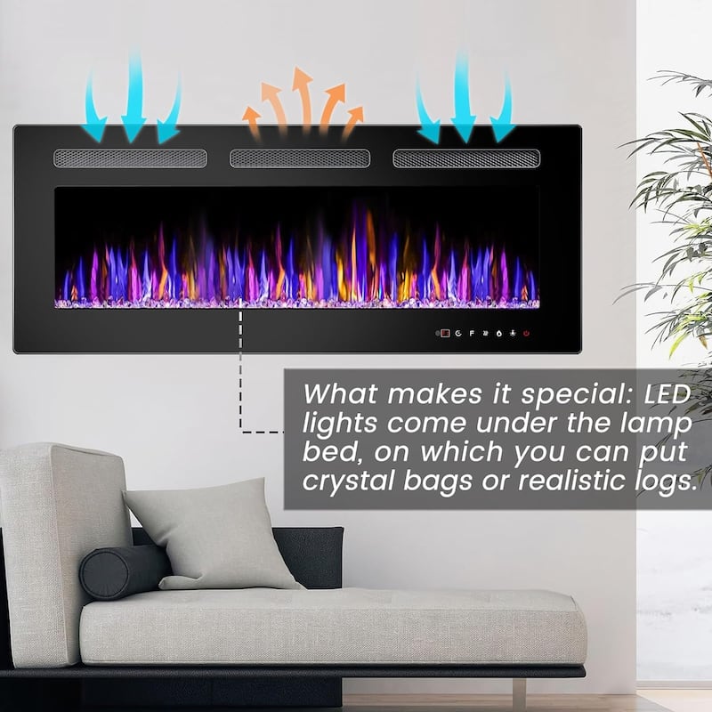 BOSSIN Electric Fireplace Wall Mounted and Recessed with Remote Control, 750/1500W Ultra-Thin Wall Fireplace Heater, Low Noise