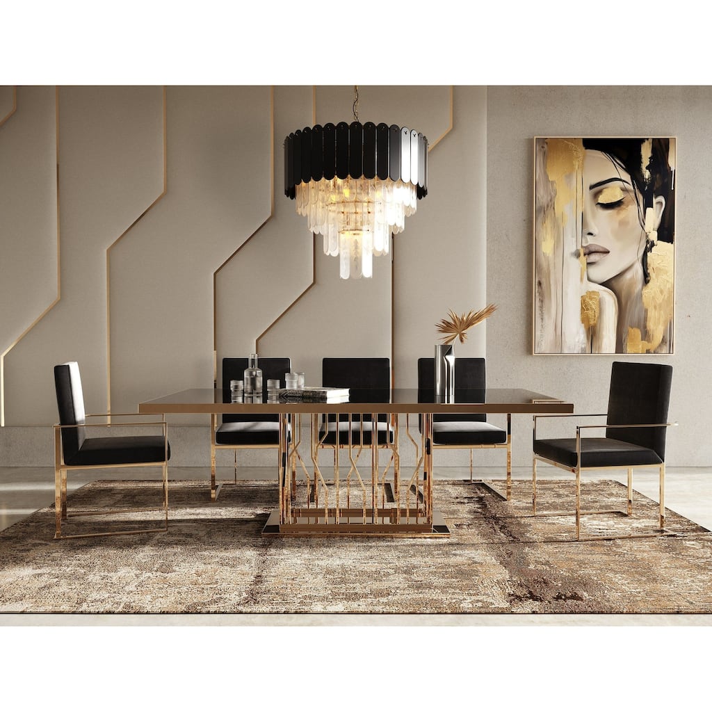Modrest Marston Modern Black Glass & Rosegold Dining Table