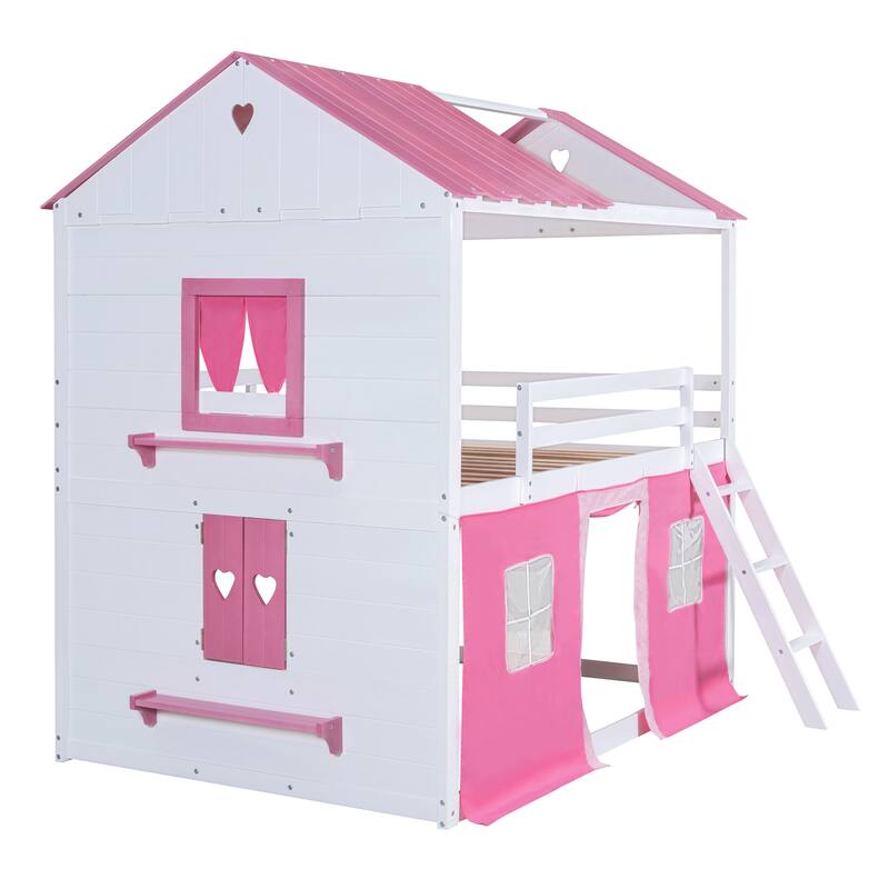 Twin Size Bunk Wood House Bed with Elegant Windows, Sills and Tent