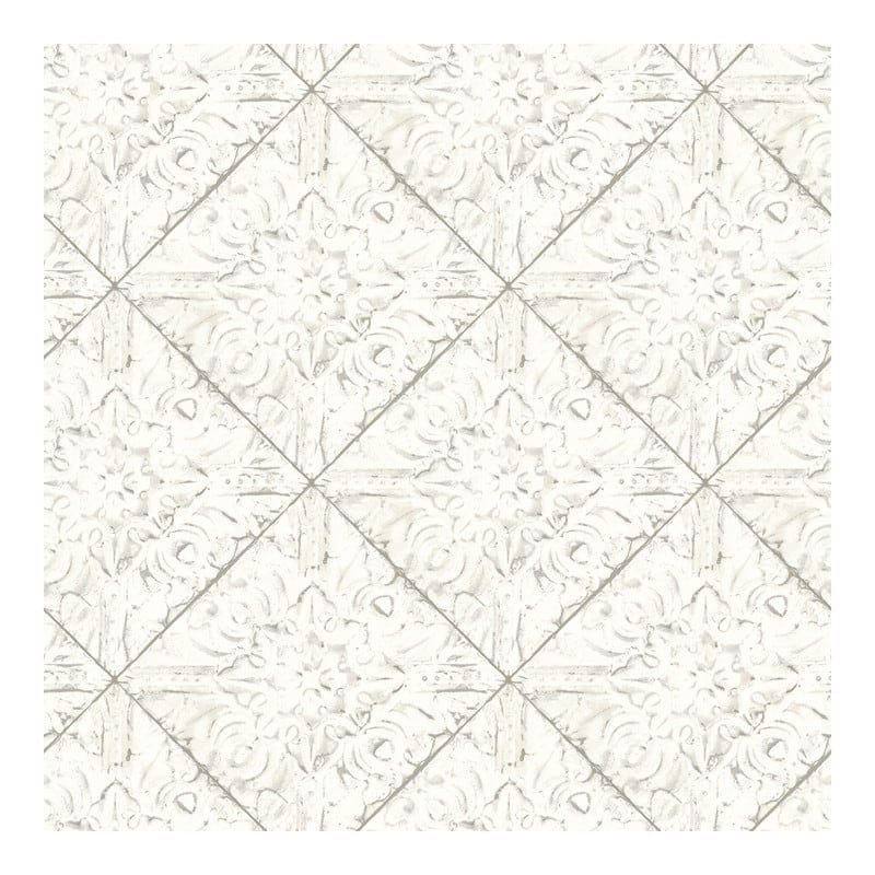 Chesapeake Brandi White Metallic Faux Tile Wallpaper - 20.5 x 396 x 0.025