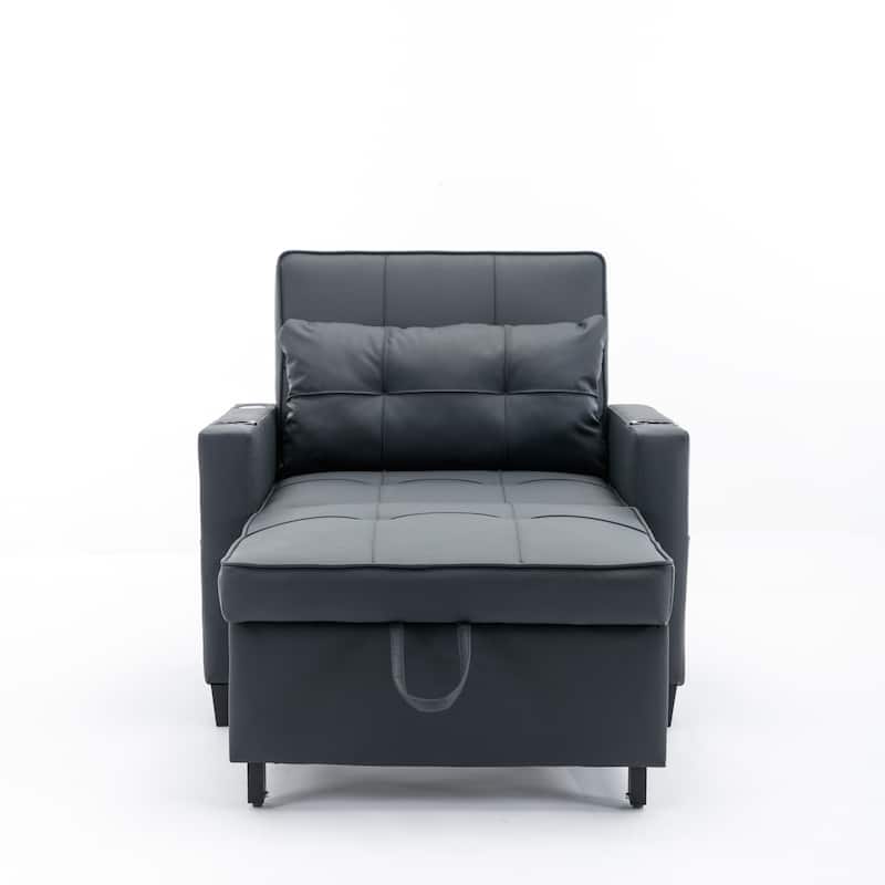 Black 68.12" Faux Leather 3-in-1 Single Convertible Pull Out Sofa with USB Ports and Wear-resistantfor Living Room