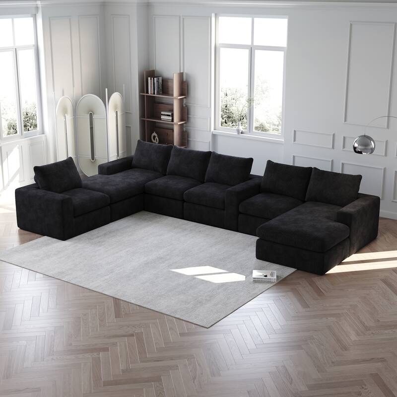 L-shaped Sectional Sofa Set of 2 Corduroy Upholstered Cloud Modular Couch with Chaise Free Combination Sectional Sofa Set - Black