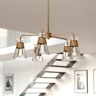 Harper 5 Light Gold Brass Mid-Century Modern Chandelier Clear Glass - 27-in W x 20-in H x 27-in D