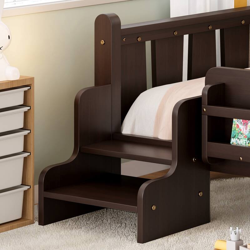 Full/Twin Floor Bed with Storage Bookcases & Cute Stairs - Solid Wood Kids Bed, No Box Spring