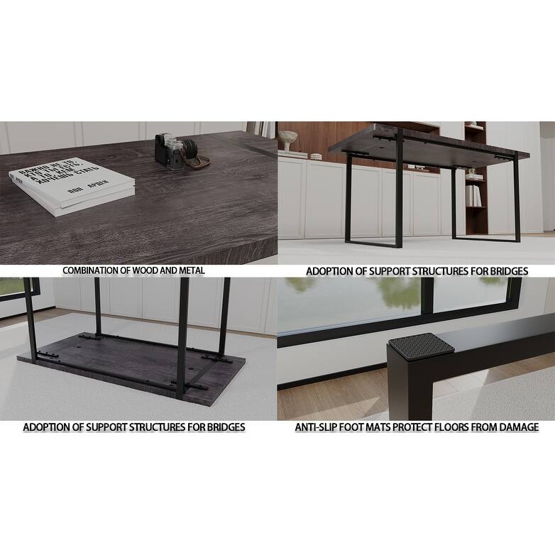 59 " dining table modern industrial rectangular, 1.5" thick engineering wood tabletop and black rectangular metal legs