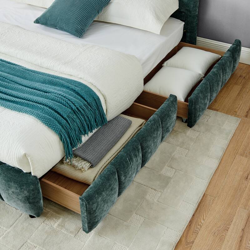 Block Thick Chenille Low Profile Platform Bed Fabric Upholstered Bedframe with Headboard Solid Wood Frame - Optional Storage Bed