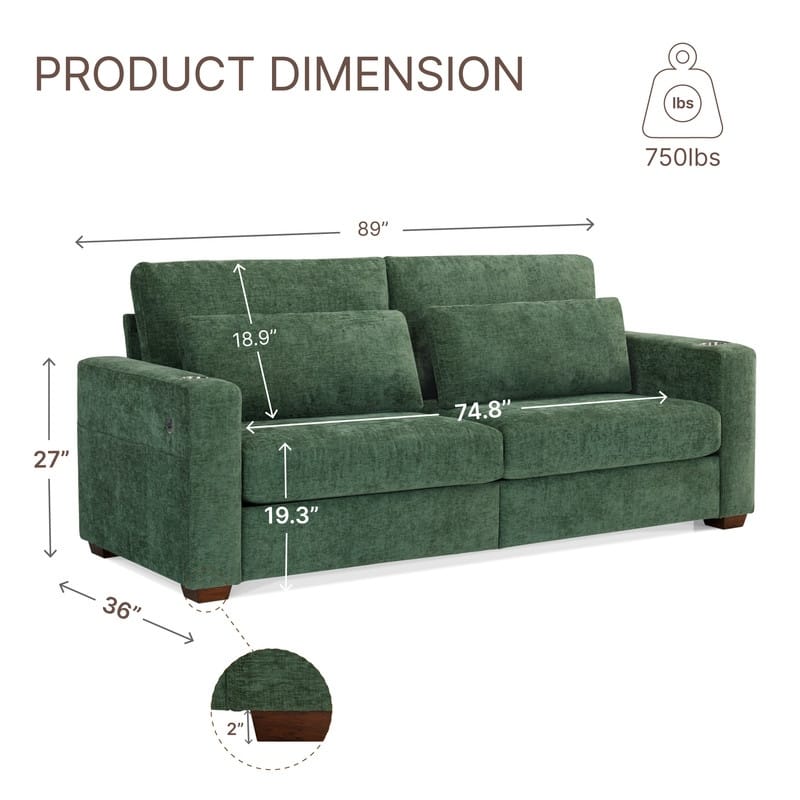 Spruce & Spring Ezra 89" Modern High Back Living Room Sofa with USB & Cup Holders