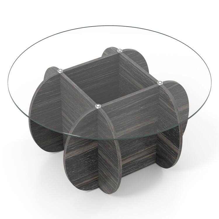 Black Tempered Glass Rubber Wood Round Coffee Table with Hidden Storage - 35" x 35" x 18"
