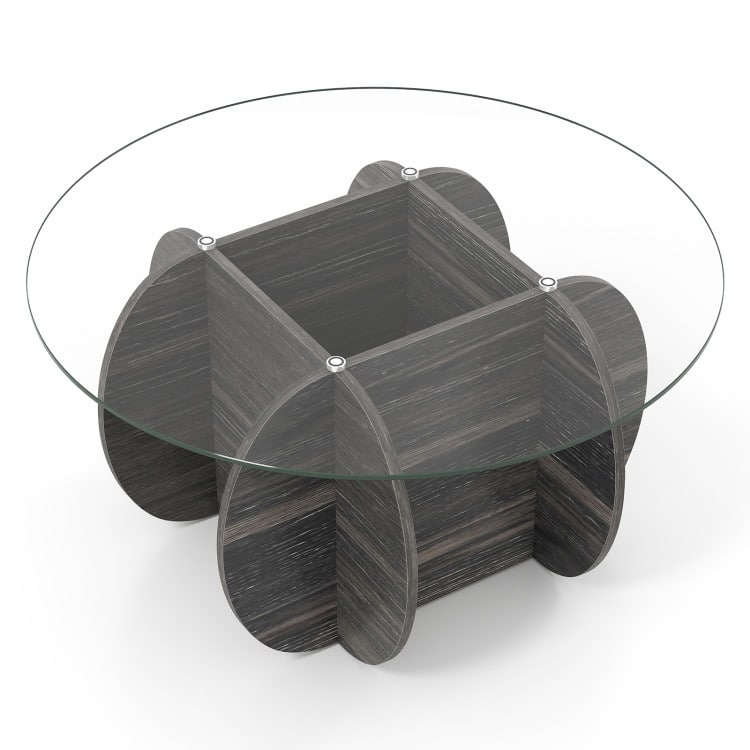 Black Tempered Glass Rubber Wood Round Coffee Table with Hidden Storage - 35" x 35" x 18"