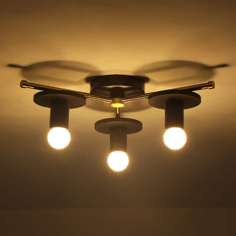 17.5" W 3-Light Modern Green/Black Sputnik Metal Wooden Semi-flush Mount Ceiling Light for Living Room, Bedroom