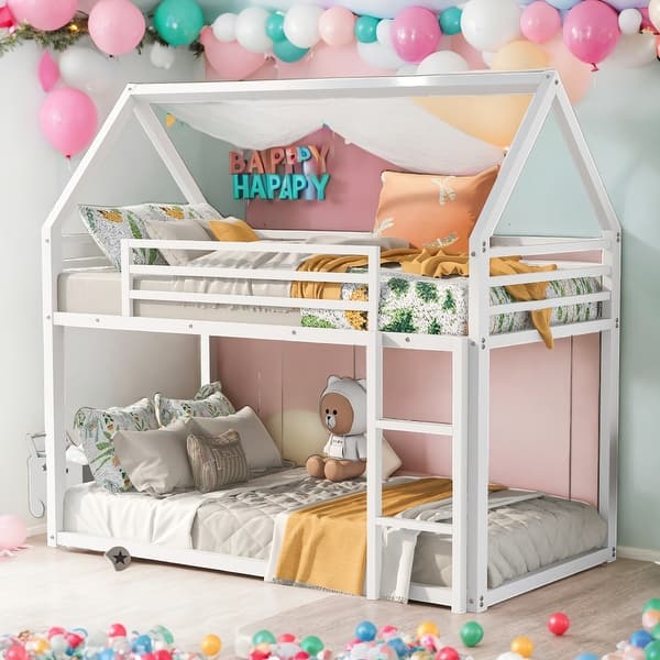 slide 2 of 9, Modern White Twin over Twin Timeless Design House Bunk Bed With Built-in Convertible Ladder White