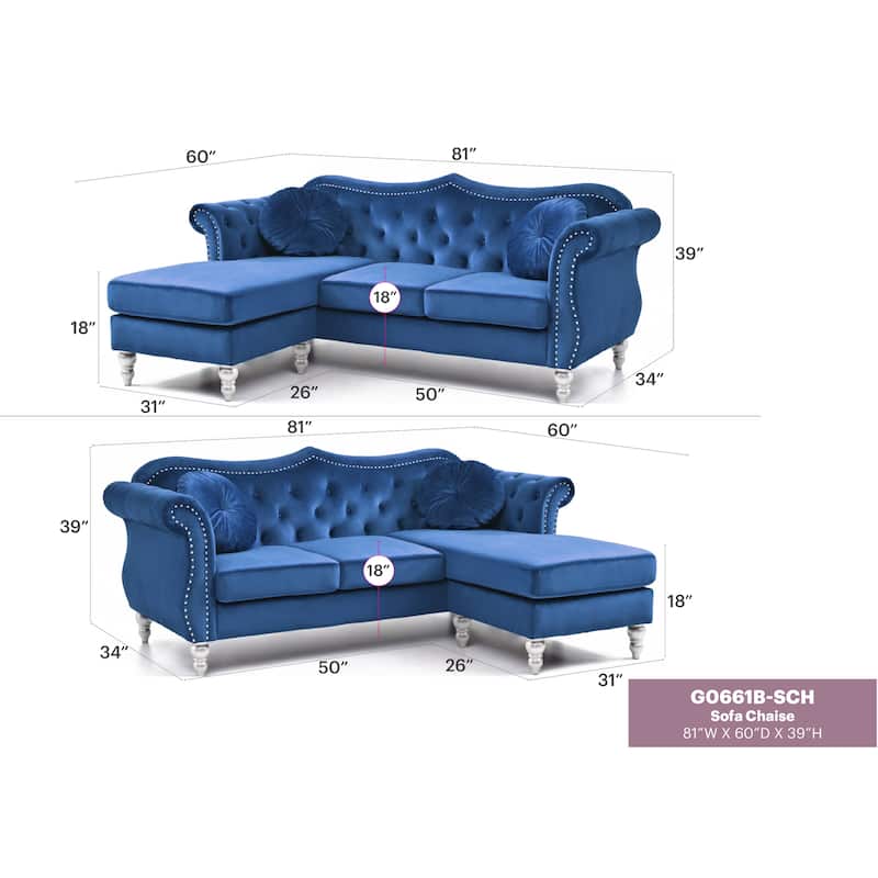 Hollywood 81 in. Velvet Chesterfield Sectional Sofa with 2-Throw Pillow - 81"L x 35"W x 34"H