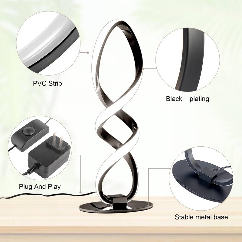 Modern Table lamp, Stepless Dimmable LED Spiral lamp Black Unique Bedside lamp, 12W 3200K Contemporary Nightstand Lamp