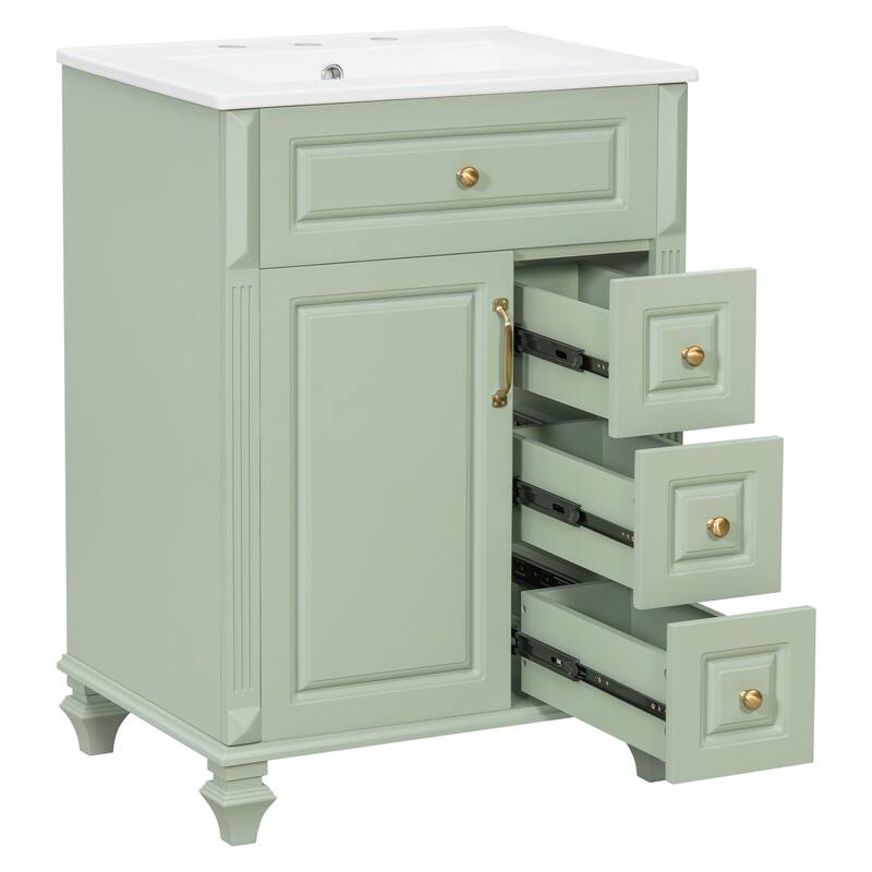 24" Freestanding Bathroom Vanity with Ceramic Sink, Flip-Out Drawer & 3-Drawer Cabinet, Solid Wood & MDF